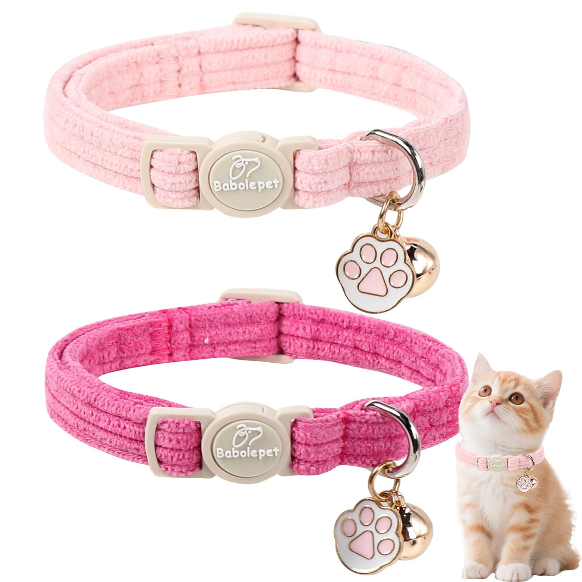 Babole Pet 2 Pack Cat Collars - Cute Breakaway Cat Collar with Bell and Paw Pendant, Soft Adjustable Kitten Collars for Girl Boy Cats