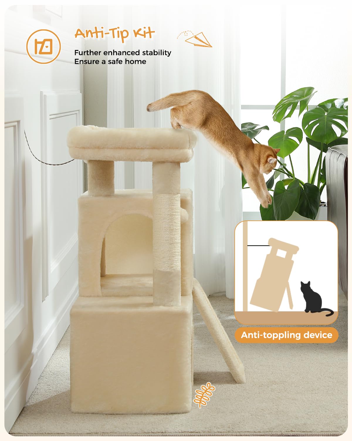 PAWZ Road Cat Tree, Cat Tower with Dual Condos for Adult Cats,Enlarged Top Perch, Scratching Posts&Pad for Indoor Cats