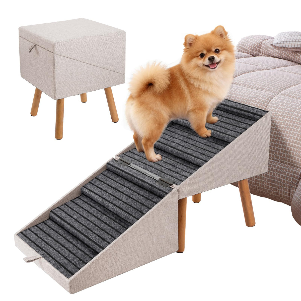 Dog Ramp for Bed & Couch, Dog Stairs 21.06 inches High for Large/Medium/Small Doggie,Split Ottoman Foldable 2 in 1 Wooden Pet Steps for Older and Injured Dogs, No-Slip Surface