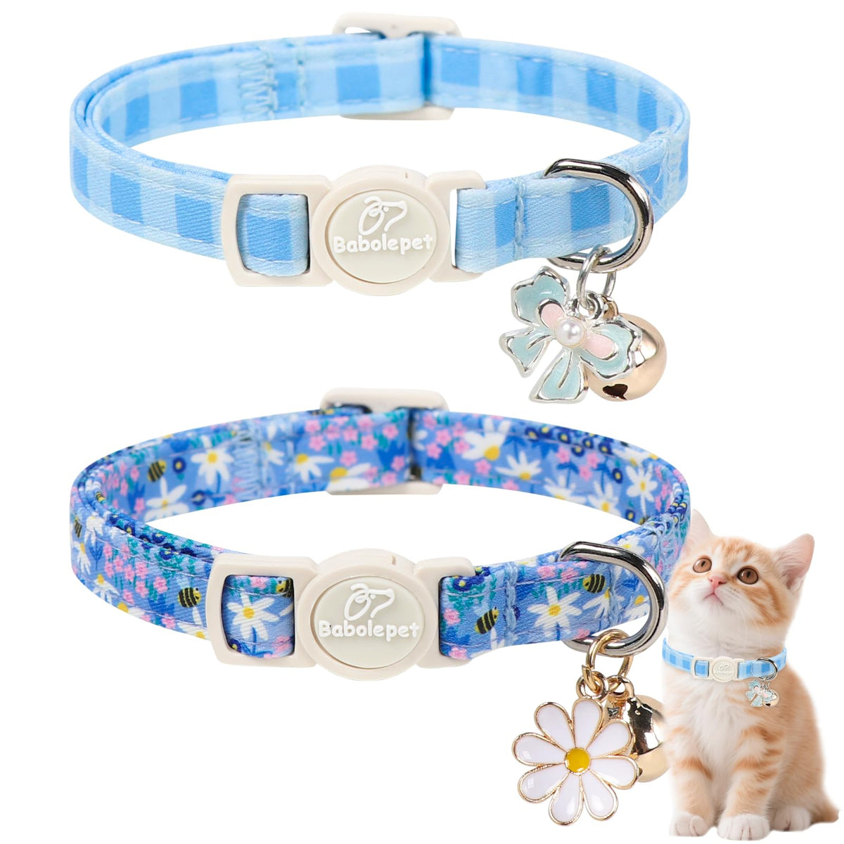 Babole Pet 2 Pack Cat Collars - Cute Breakaway Cat Collar with Bell and Paw Pendant, Soft Adjustable Kitten Collars for Girl Boy Cats