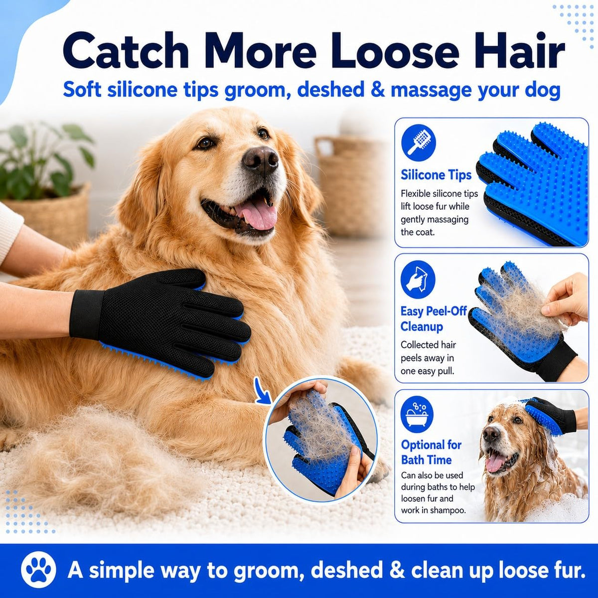 NVNAN Pet Grooming Brush Set: Hair Removal Massage Glove for Short and Long Hair Pets, Suitable for Dogs, Cats, Bath Massage and pet Grooming