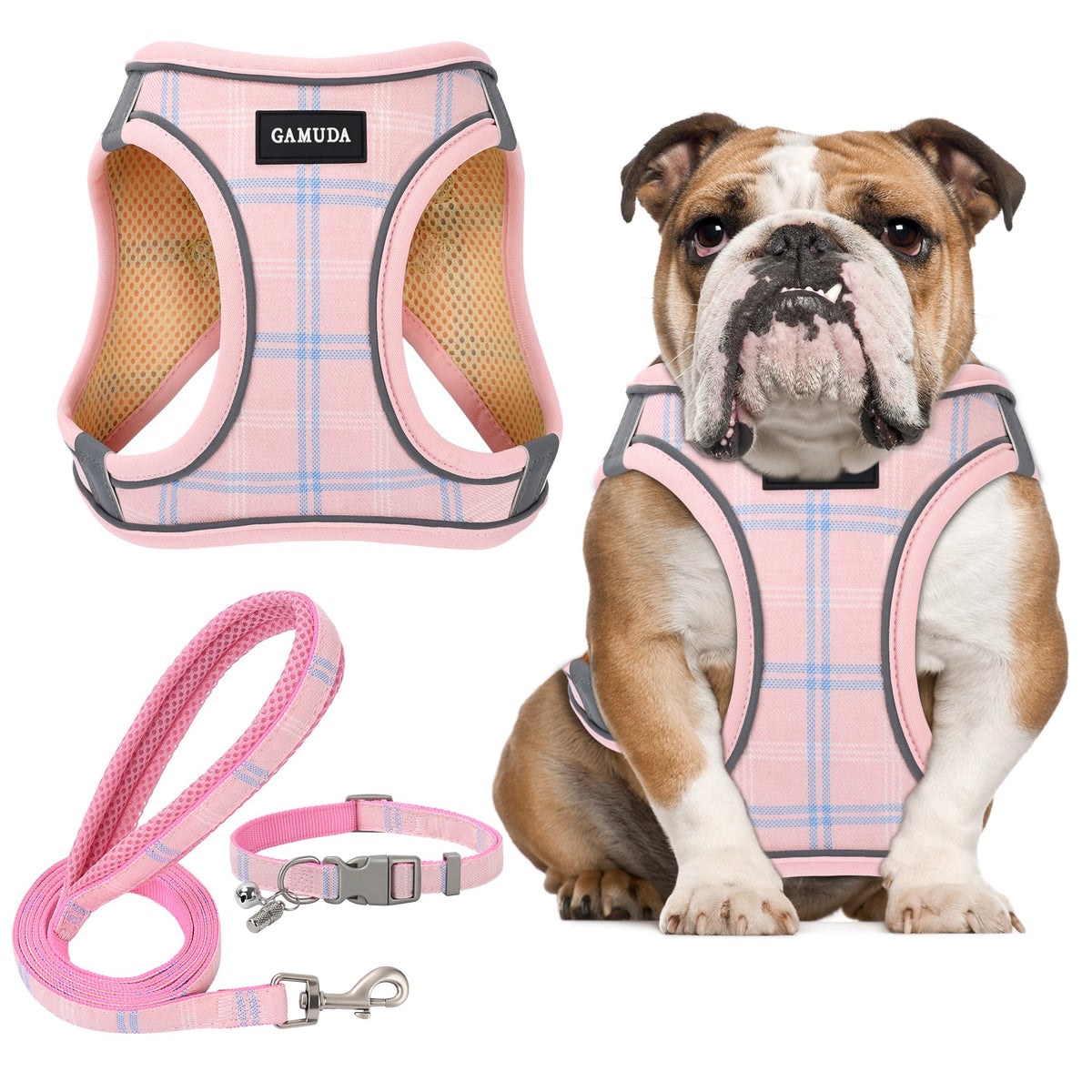 GAMUDA Small Pet Harness Collar and Leash Set, Step in No Chock No Pull Soft Mesh Adjustable Dog Vest Harnesses Plaid Reflective for Dogs Puppy Cats Kitten Rabbit