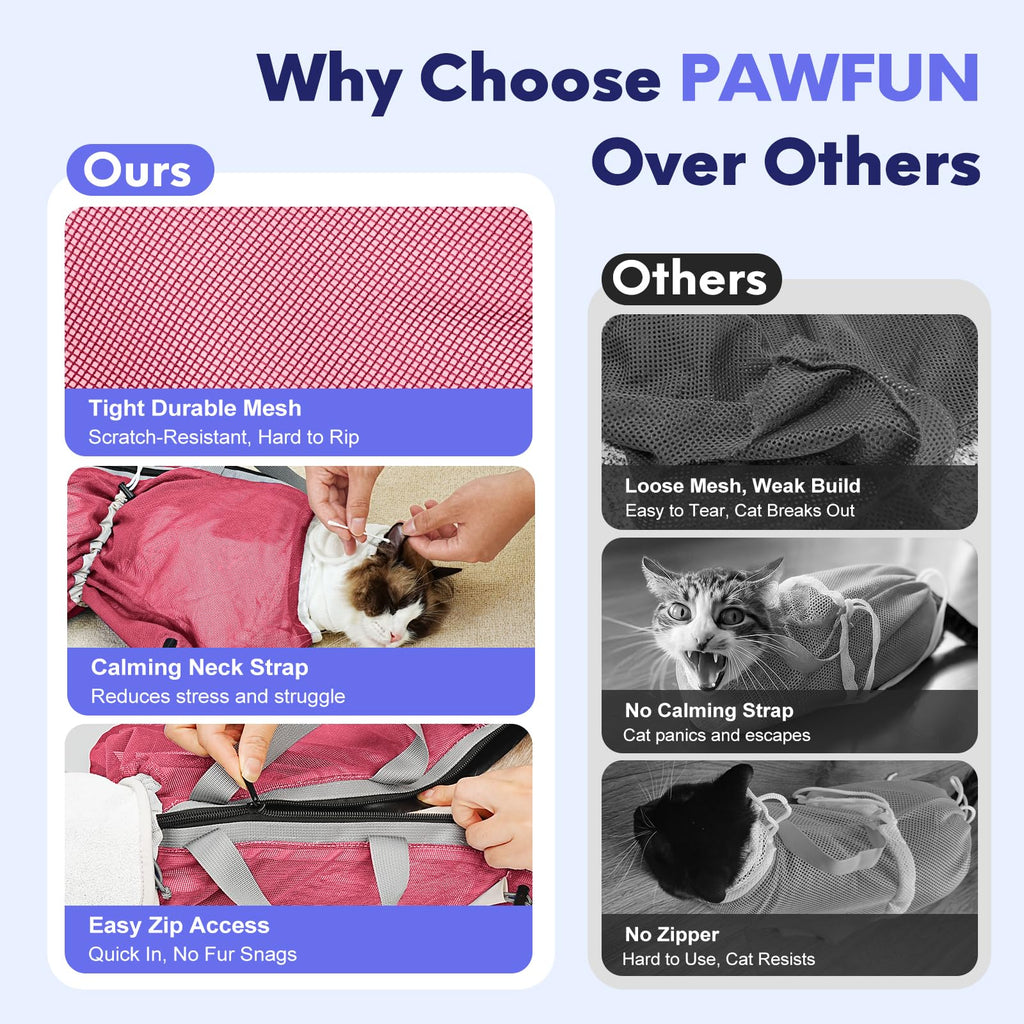 Pawfun Cat Bathing Bag Anti Scratch Bite Breathable Mesh- Cat Grooming Bag for Nail Trimming, Injections, Medication, Dental Care, Vet Visits, Cats Shower Bag with Zippers