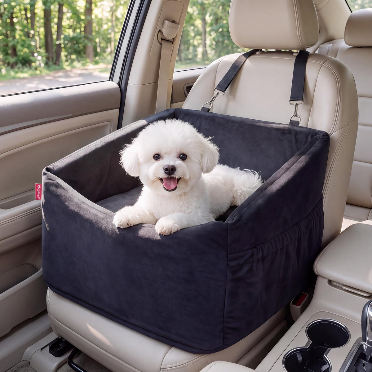 BurgeonNest Dog Car Seat for Small Dogs Under 25 lbs, Puppy Booster Car Seat Fully Detachable and Washable Dog Bed with Storage Pockets Portable Carrier