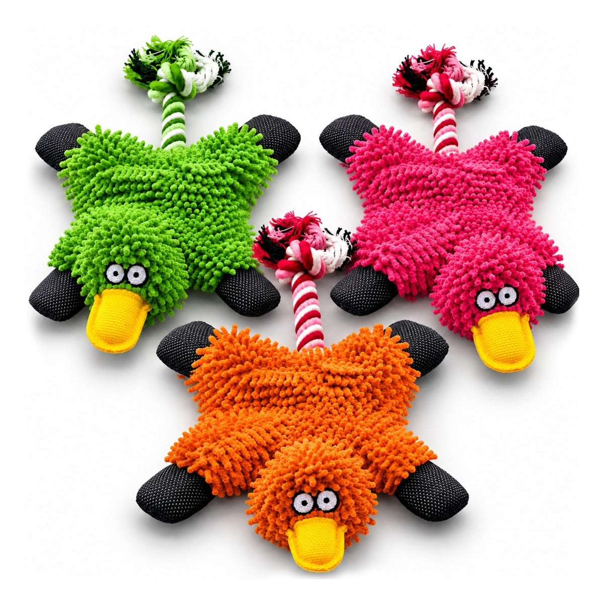 TAILTRAILS Colorful Duck Dog Toy for Aggressive Chewers, Plush Chew & Tug Toy with Textured Body and Rope Tail, Interactive Puppy Toy for Small, Medium & Large Dogs, 1 Unit, Random Color