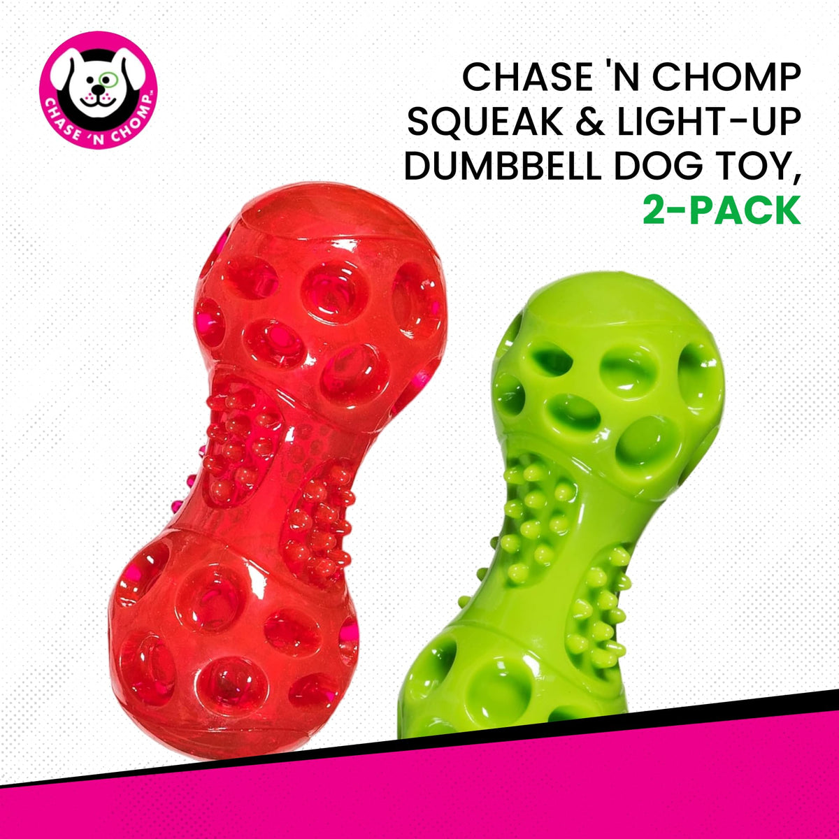 Chase 'n Chomp Squeak and Light Up Ball and Dumbbell Dog Toy, Mental & Physical Stimulation