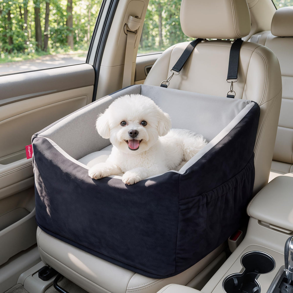 BurgeonNest Dog Car Seat for Small Dogs Under 25 lbs, Puppy Booster Car Seat Fully Detachable and Washable Dog Bed with Storage Pockets Portable Carrier