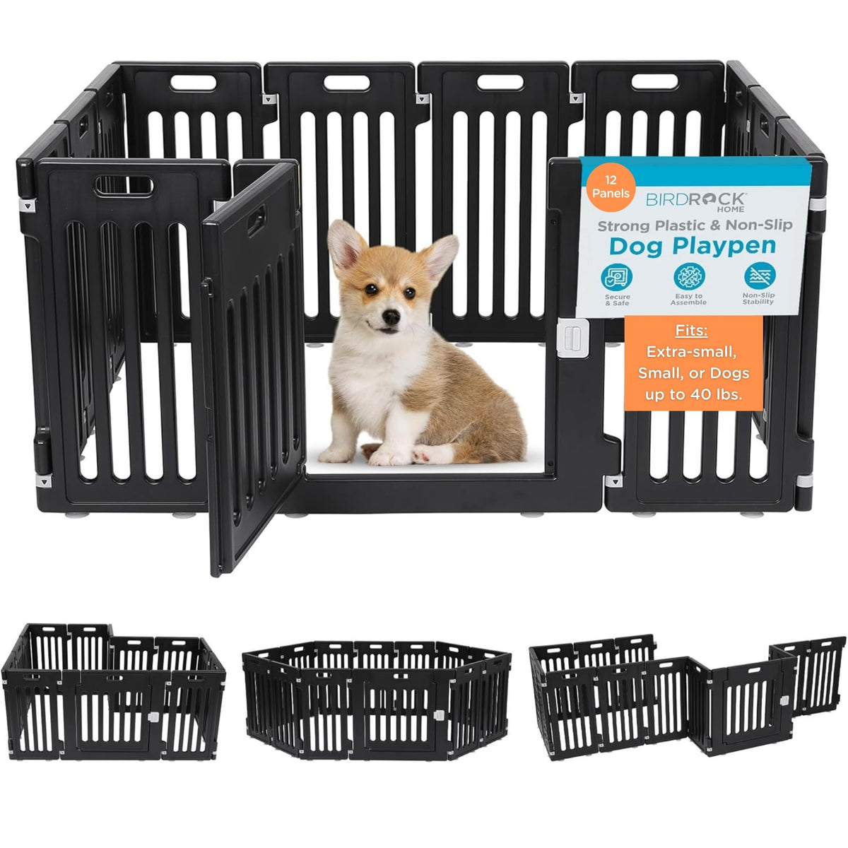 BIRDROCK HOME Dog Playpen w/Door, 12 Panel, 25.6in H | Strong Plastic, Non-Slip Puppy Playpen, Secure Pet Gate | Indoor Outdoor Fence | Configurable Panels | Small to Medium Pets