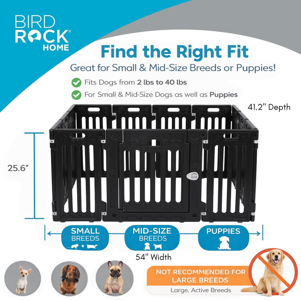 BIRDROCK HOME Dog Playpen w/Door, 12 Panel, 25.6in H | Strong Plastic, Non-Slip Puppy Playpen, Secure Pet Gate | Indoor Outdoor Fence | Configurable Panels | Small to Medium Pets