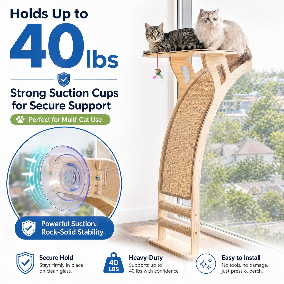 Cat Window Perch with Tall Scratching Posts, Inside Climbing Tree Hammmock Mounted with Suction Cups for Sleeping,Playing and Watching Birds