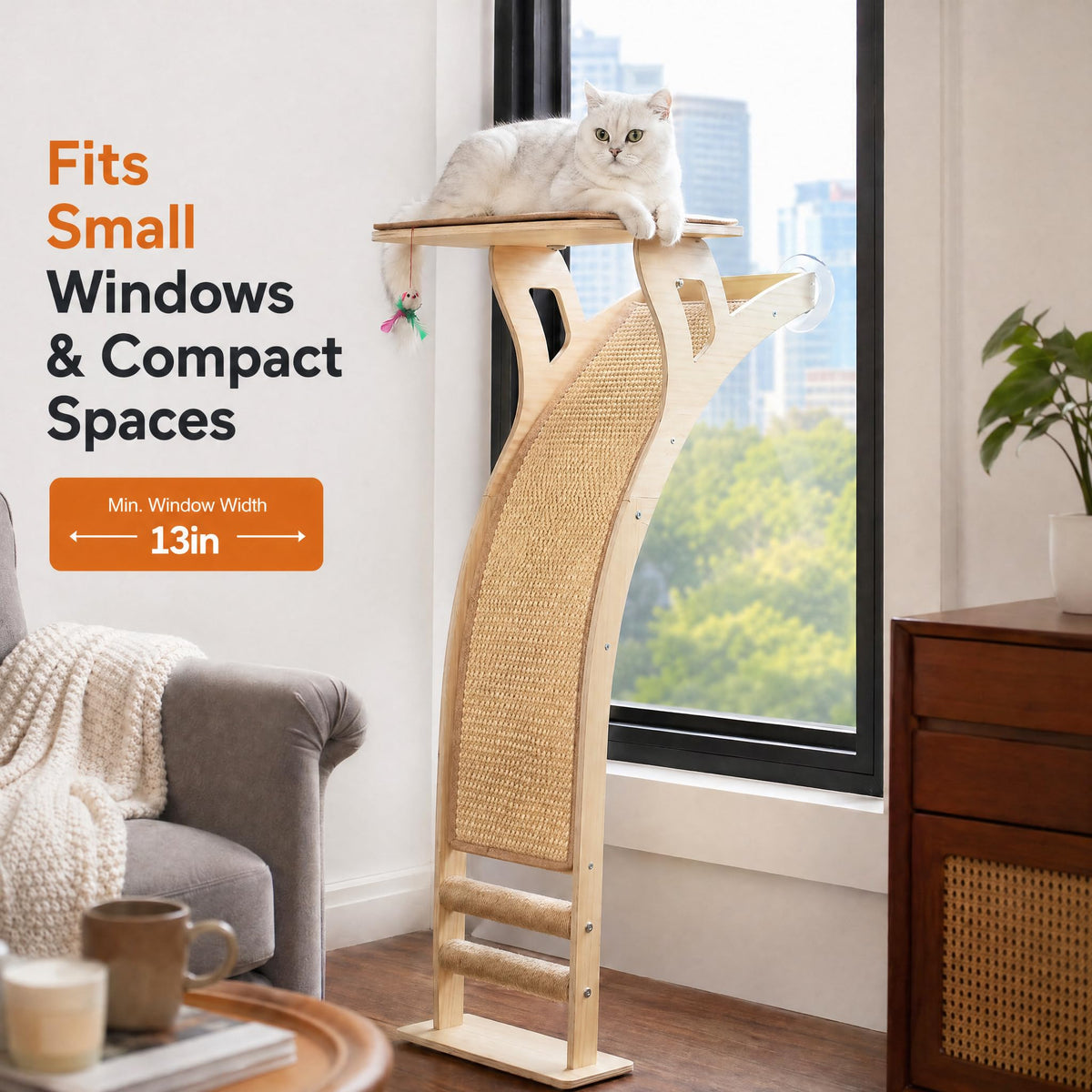 Cat Window Perch with Tall Scratching Posts, Inside Climbing Tree Hammmock Mounted with Suction Cups for Sleeping,Playing and Watching Birds