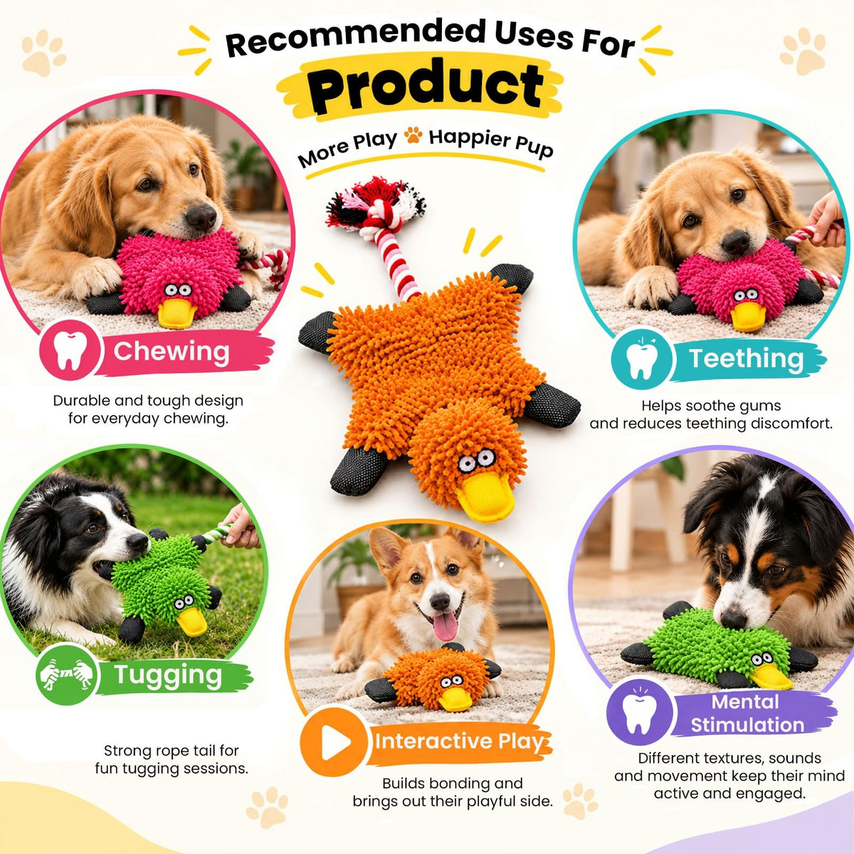 TAILTRAILS Colorful Duck Dog Toy for Aggressive Chewers, Plush Chew & Tug Toy with Textured Body and Rope Tail, Interactive Puppy Toy for Small, Medium & Large Dogs, 1 Unit, Random Color