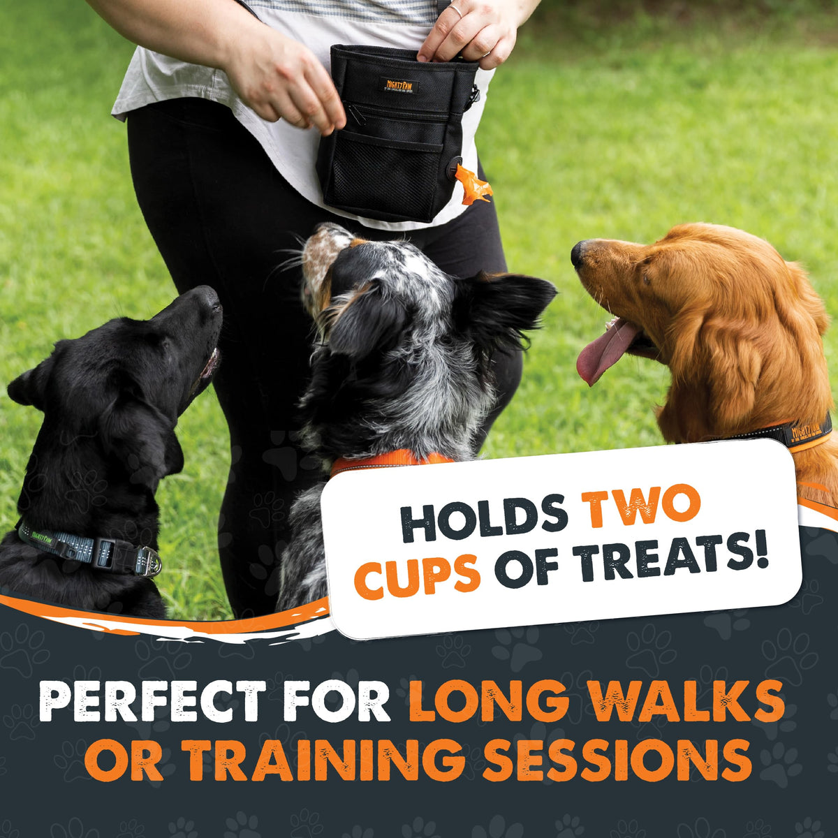 Mighty Paw Dog Treat Pouch 2.0 | Pet Training Hands-Free Snack Bag w/Strap. Holds 2 Cups Kibble, Poop Bags, Phone & Keys. Magnetic Clasp & Waist Belt Clip. Includes 1 Roll Of Poop Bags