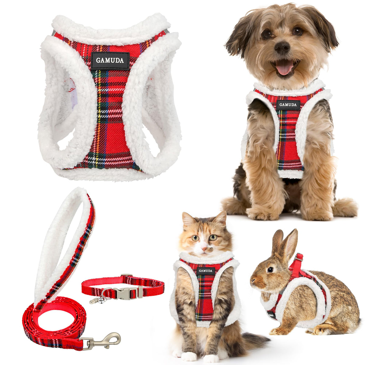 GAMUDA Small Pet Harness Collar and Leash Set, Step in No Chock No Pull Soft Mesh Adjustable Dog Vest Harnesses Plaid Reflective for Dogs Puppy Cats Kitten Rabbit