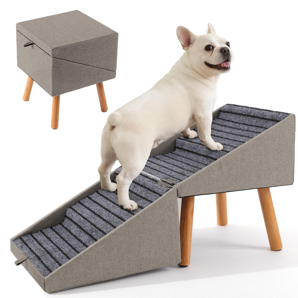 Dog Ramp for Bed & Couch, Dog Stairs 21.06 inches High for Large/Medium/Small Doggie,Split Ottoman Foldable 2 in 1 Wooden Pet Steps for Older and Injured Dogs, No-Slip Surface