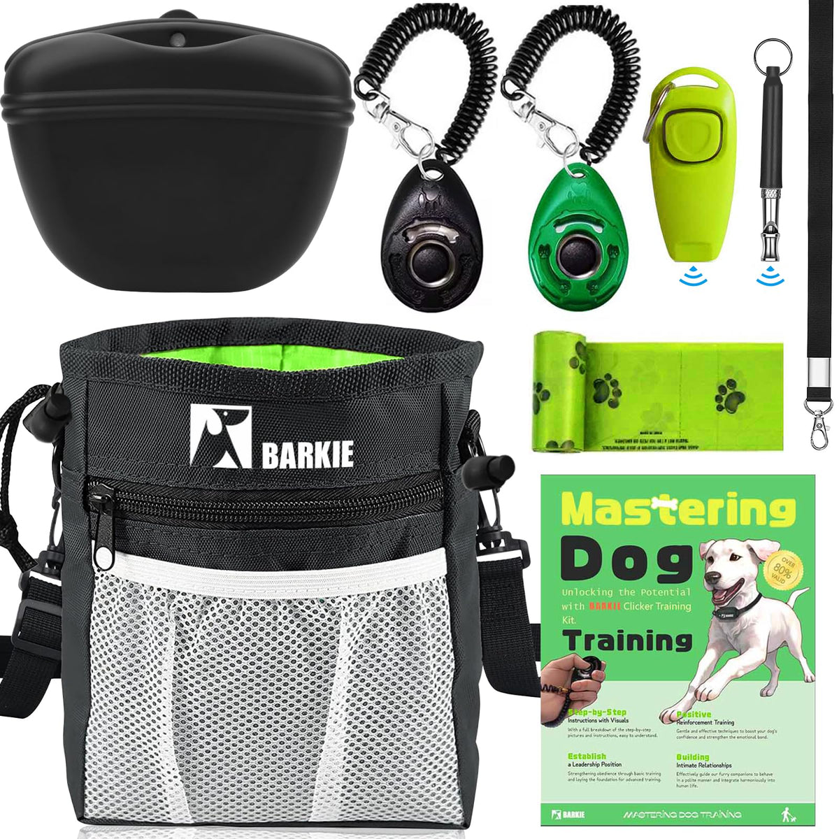 BARKIE Dog Training Kit - Treat Pouch, Pet Training Fanny Pack, 2 Puppy Training Clickers, Ultrasonic Silent Whistle, 2-in-1 Whistle Clicker, Clicker Training Guide Booklet, Dog Poop Bag