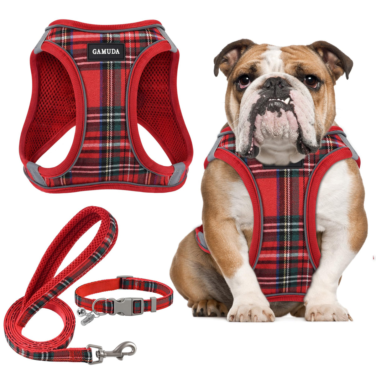 GAMUDA Small Pet Harness Collar and Leash Set, Step in No Chock No Pull Soft Mesh Adjustable Dog Vest Harnesses Plaid Reflective for Dogs Puppy Cats Kitten Rabbit