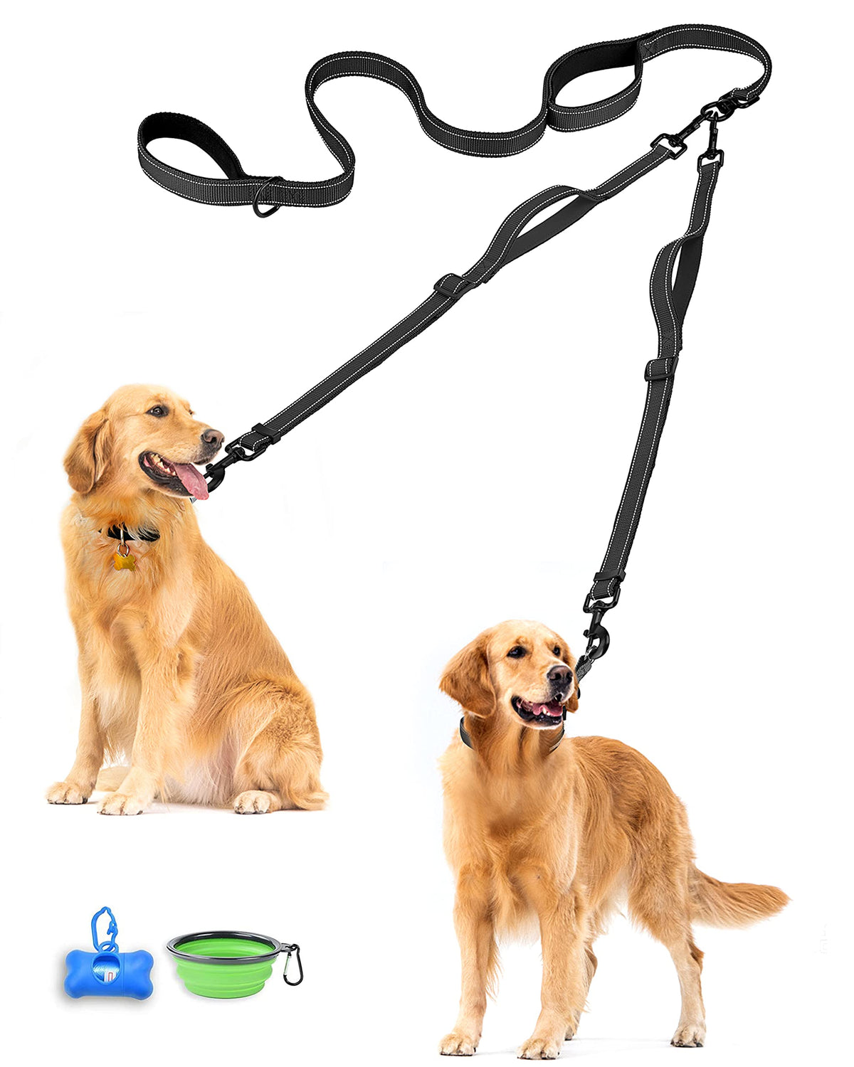 PetBonus Double Dog Leash, No Tangle Dual Leash, Reflective Walking Training Lead, 4 Comfortable Padded Handles for 2 Dogs with Collapsible Bowl and Waste Bags