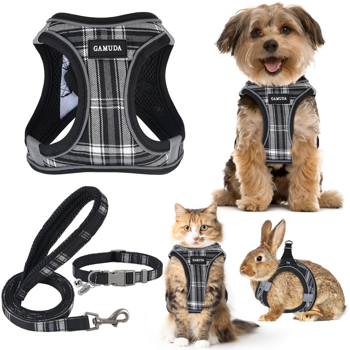 GAMUDA Small Pet Harness Collar and Leash Set, Step in No Chock No Pull Soft Mesh Adjustable Dog Vest Harnesses Plaid Reflective for Dogs Puppy Cats Kitten Rabbit