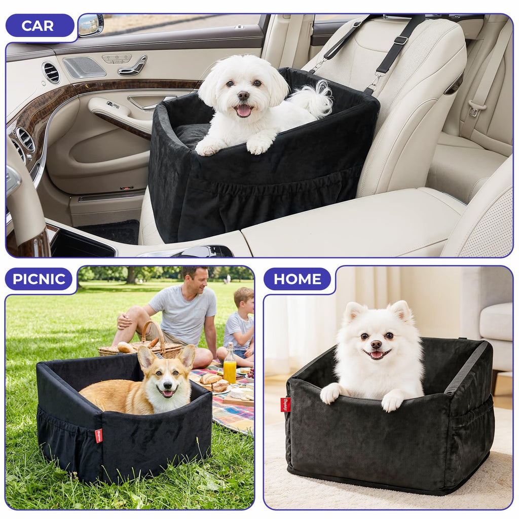 BurgeonNest Dog Car Seat for Small Dogs Under 25 lbs, Puppy Booster Car Seat Fully Detachable and Washable Dog Bed with Storage Pockets Portable Carrier