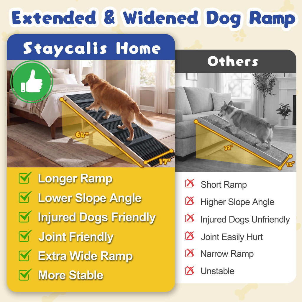 Staycalis Home 64" L Extra Long Dog Ramp for High Bed & Couch - 5 Adjustable Height 24" to 30" Wooden Non-Slip Pet Ramp, Portable Foldable Doggie Car Ramp for Small Medium Large Older Dogs