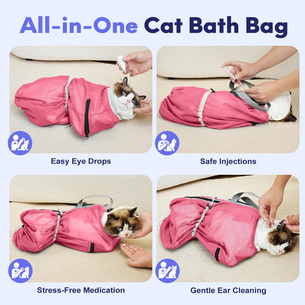 Pawfun Cat Bathing Bag Anti Scratch Bite Breathable Mesh- Cat Grooming Bag for Nail Trimming, Injections, Medication, Dental Care, Vet Visits, Cats Shower Bag with Zippers