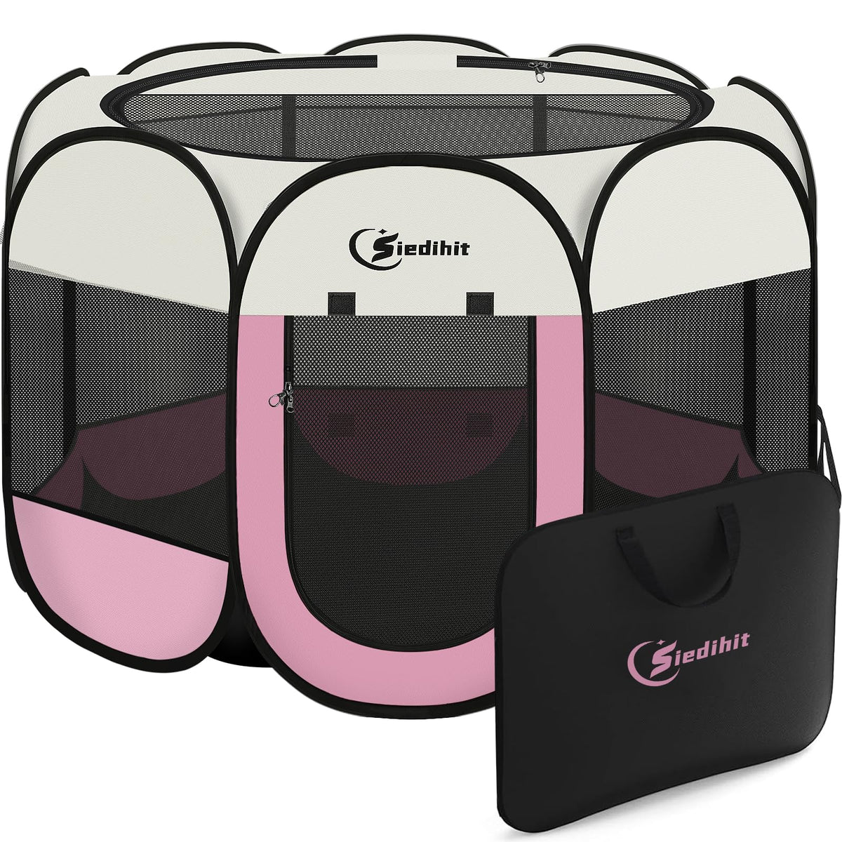 Pink Puppy Playpen for Middle Dog Cat, Dogs Tent Crate Cage Indoor/Outdoor, Portable Pop Up Dog Kennel with Carrying Bag for Rabbits, Removable Top
