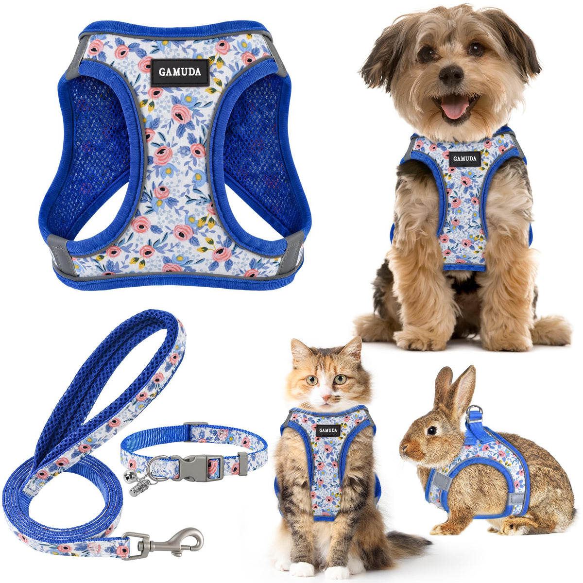 GAMUDA Small Pet Harness Collar and Leash Set, Step in No Chock No Pull Soft Mesh Adjustable Dog Vest Harnesses Plaid Reflective for Dogs Puppy Cats Kitten Rabbit