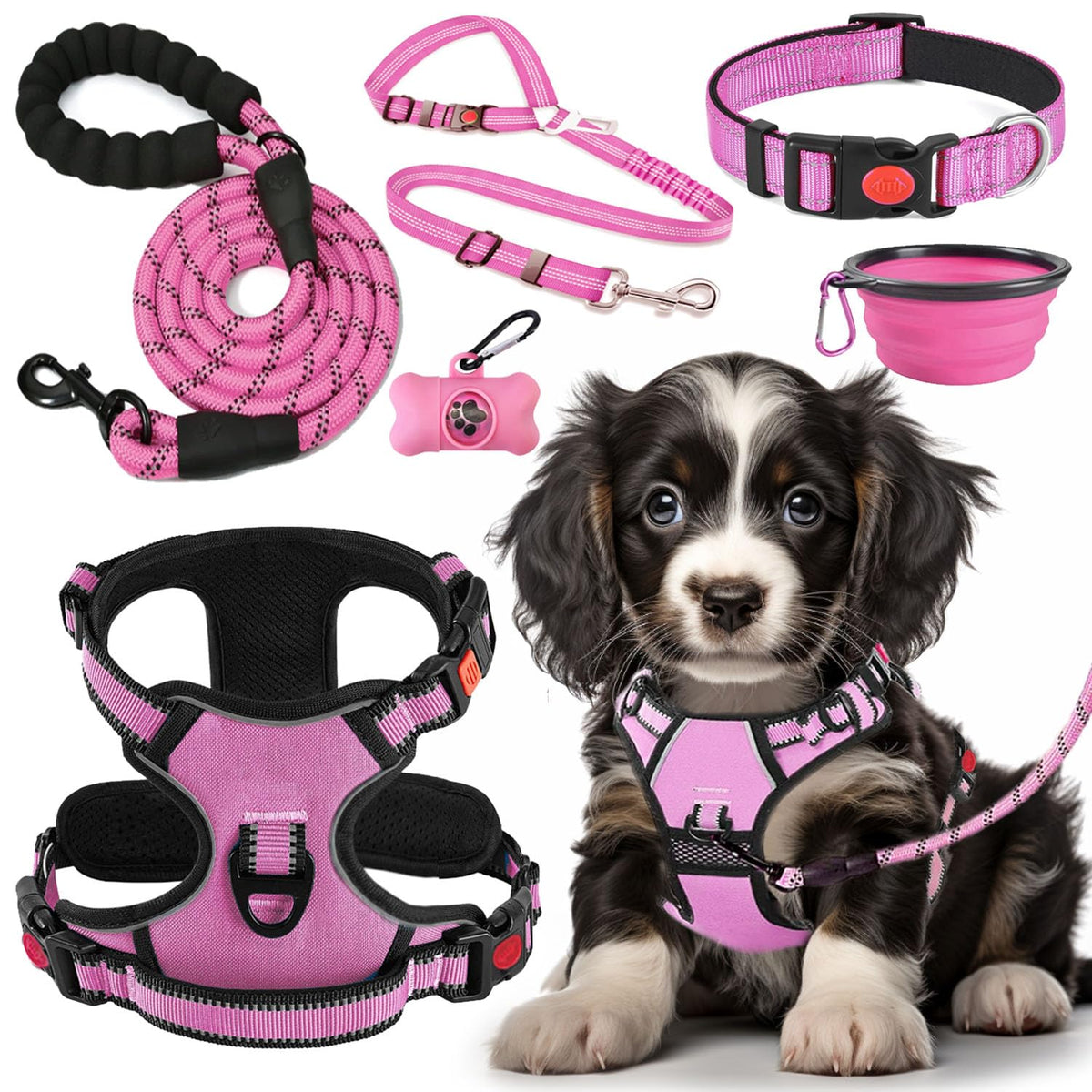 Lobeve No Pull Dog Harness, Collar & Leash Set with Reflective Seat Belt, Portable Bowl, and Poop Bag Dispenser - Ideal for Training, Walking, Hiking - Fits Small to Large Dogs
