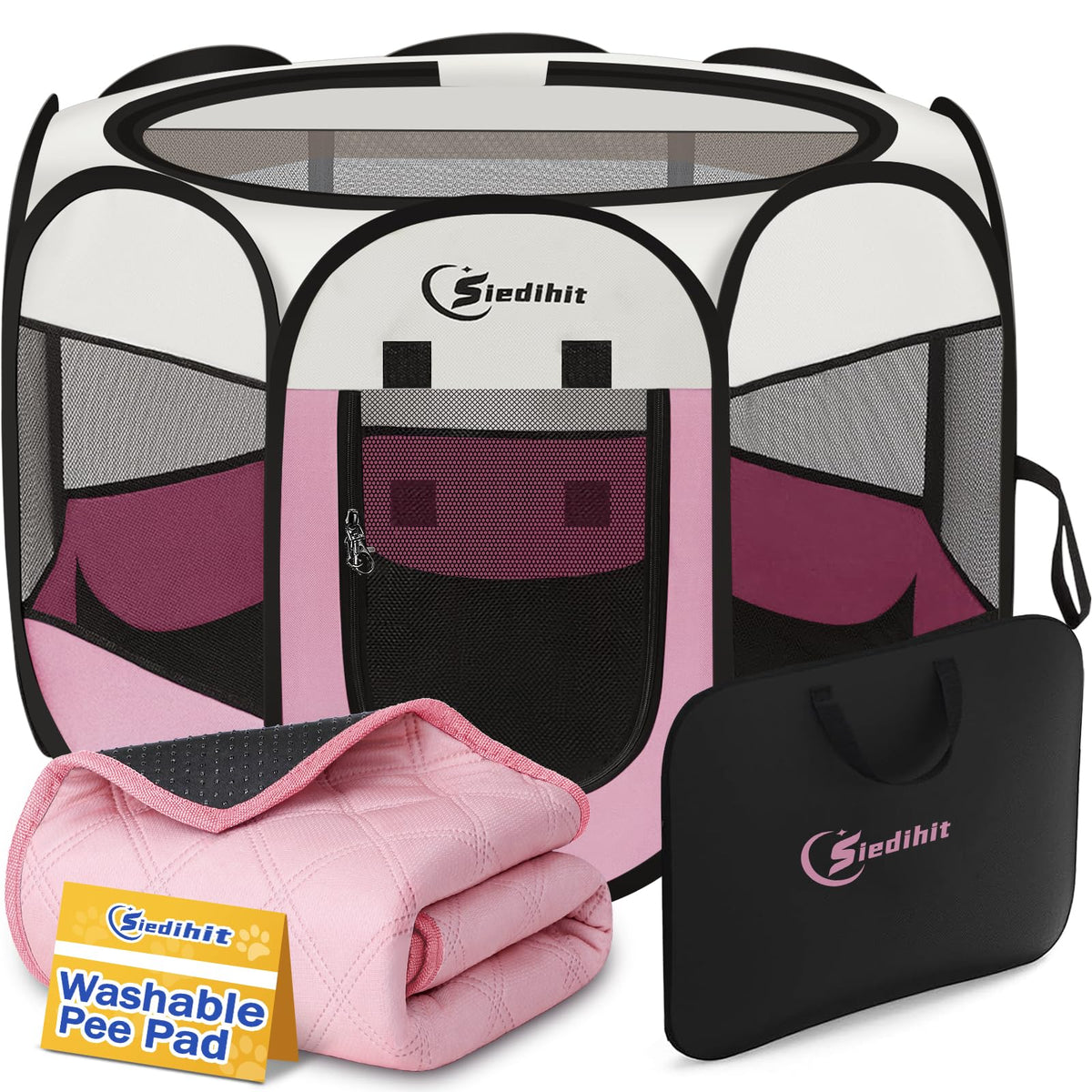 Pink Puppy Playpen for Middle Dog Cat, Dogs Tent Crate Cage Indoor/Outdoor, Portable Pop Up Dog Kennel with Carrying Bag for Rabbits, Removable Top