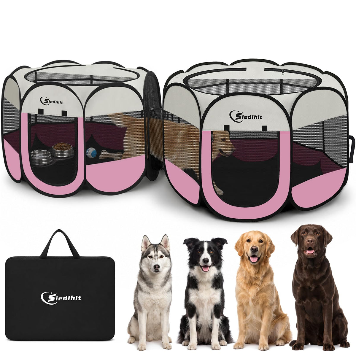 Pink Puppy Playpen for Middle Dog Cat, Dogs Tent Crate Cage Indoor/Outdoor, Portable Pop Up Dog Kennel with Carrying Bag for Rabbits, Removable Top