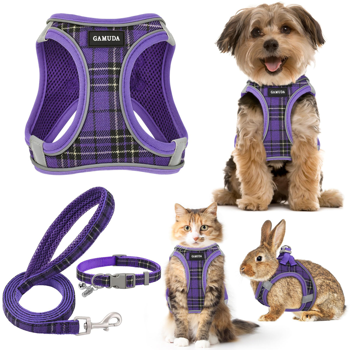 GAMUDA Small Pet Harness Collar and Leash Set, Step in No Chock No Pull Soft Mesh Adjustable Dog Vest Harnesses Plaid Reflective for Dogs Puppy Cats Kitten Rabbit