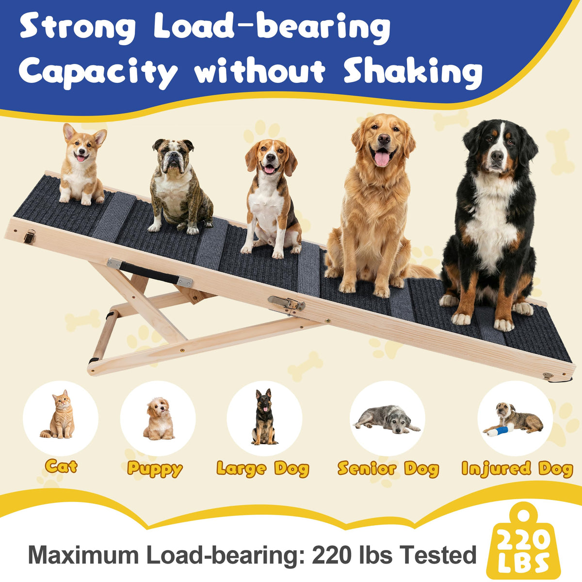 Staycalis Home 64" L Extra Long Dog Ramp for High Bed & Couch - 5 Adjustable Height 24" to 30" Wooden Non-Slip Pet Ramp, Portable Foldable Doggie Car Ramp for Small Medium Large Older Dogs
