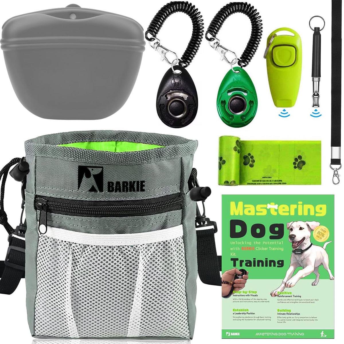 BARKIE Dog Training Kit - Treat Pouch, Pet Training Fanny Pack, 2 Puppy Training Clickers, Ultrasonic Silent Whistle, 2-in-1 Whistle Clicker, Clicker Training Guide Booklet, Dog Poop Bag