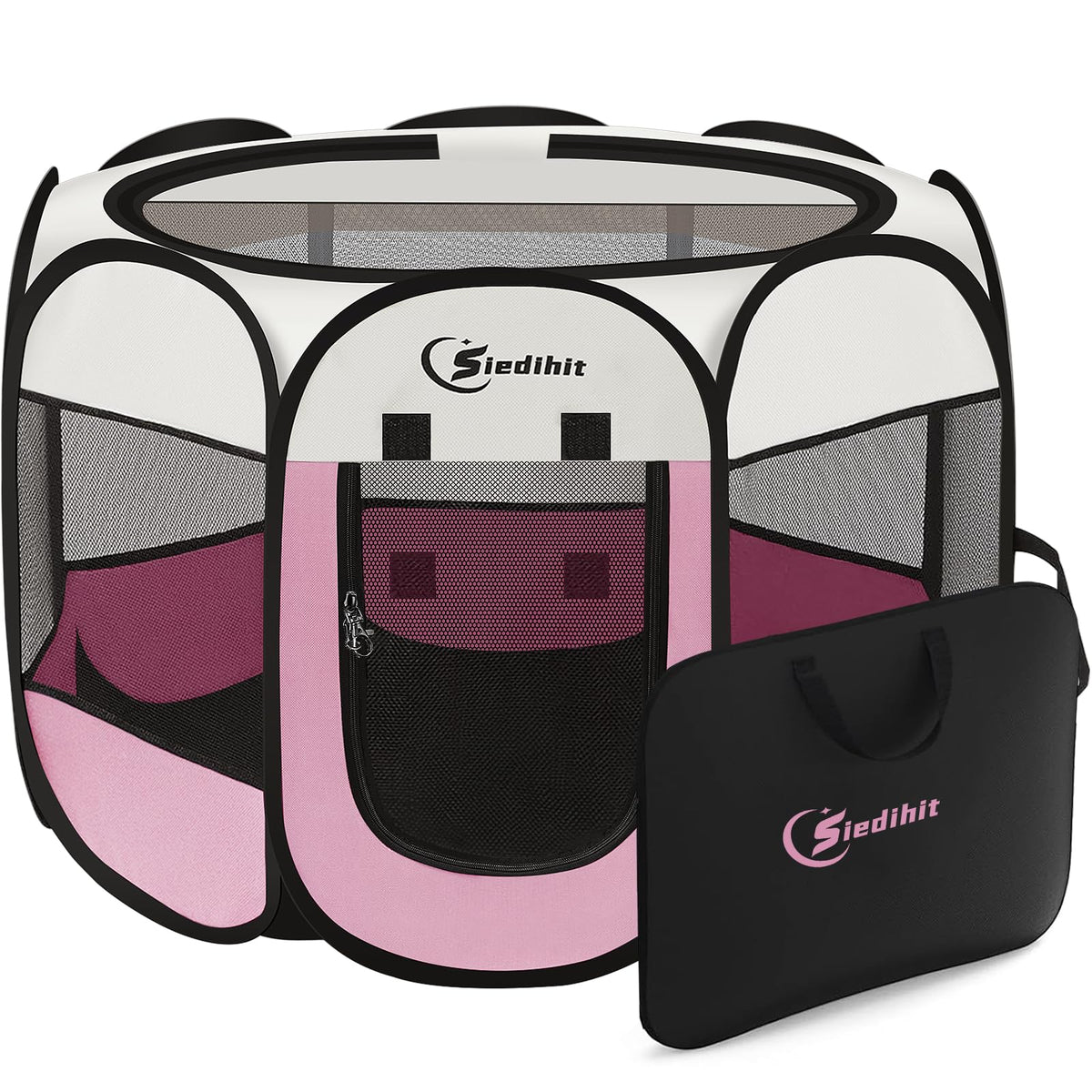 Pink Puppy Playpen for Middle Dog Cat, Dogs Tent Crate Cage Indoor/Outdoor, Portable Pop Up Dog Kennel with Carrying Bag for Rabbits, Removable Top
