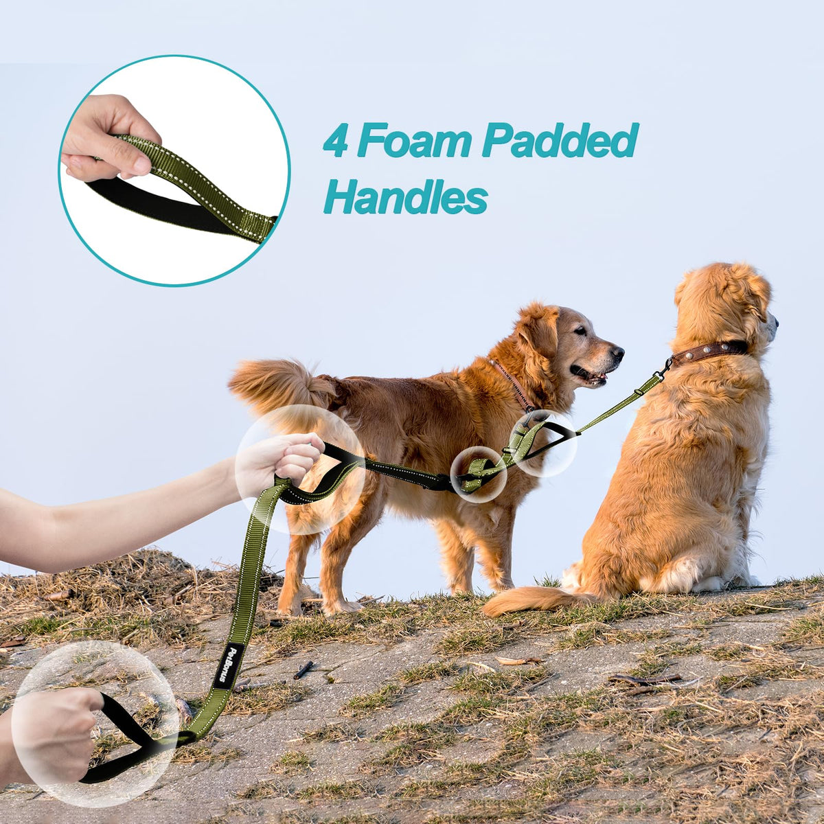 PetBonus Double Dog Leash, No Tangle Dual Leash, Reflective Walking Training Lead, 4 Comfortable Padded Handles for 2 Dogs with Collapsible Bowl and Waste Bags