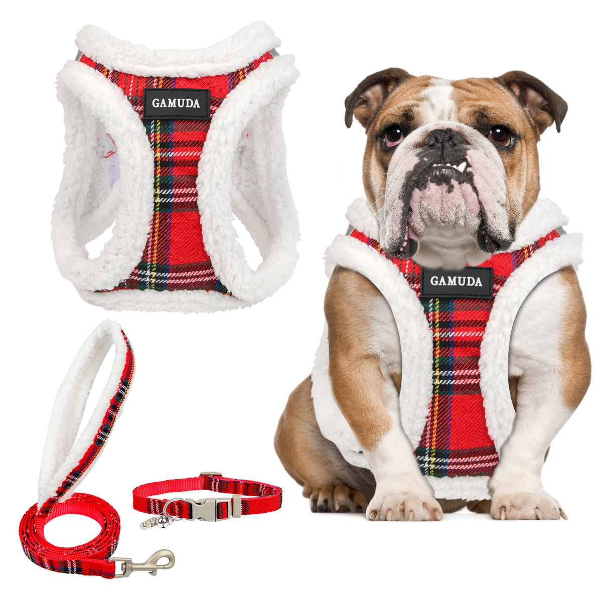 GAMUDA Small Pet Harness Collar and Leash Set, Step in No Chock No Pull Soft Mesh Adjustable Dog Vest Harnesses Plaid Reflective for Dogs Puppy Cats Kitten Rabbit