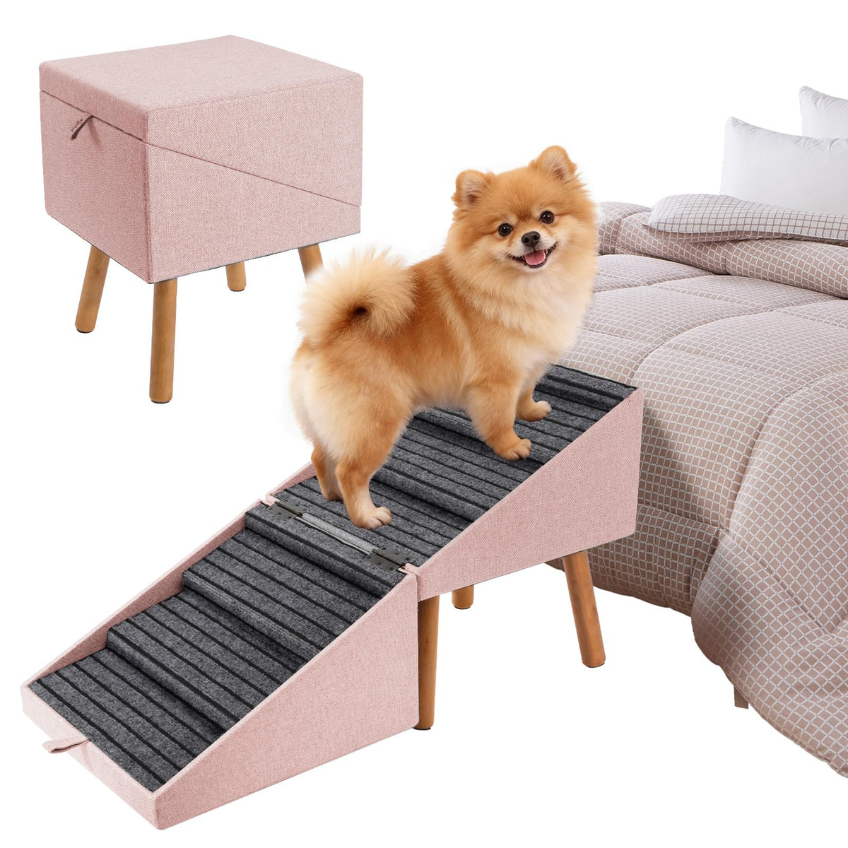 Dog Ramp for Bed & Couch, Dog Stairs 21.06 inches High for Large/Medium/Small Doggie,Split Ottoman Foldable 2 in 1 Wooden Pet Steps for Older and Injured Dogs, No-Slip Surface