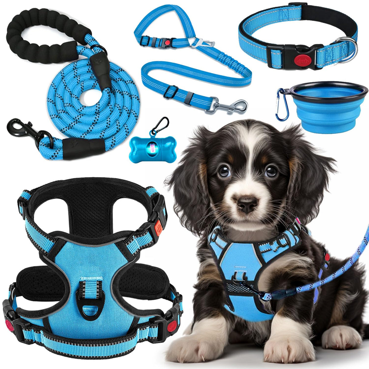 Lobeve No Pull Dog Harness, Collar & Leash Set with Reflective Seat Belt, Portable Bowl, and Poop Bag Dispenser - Ideal for Training, Walking, Hiking - Fits Small to Large Dogs