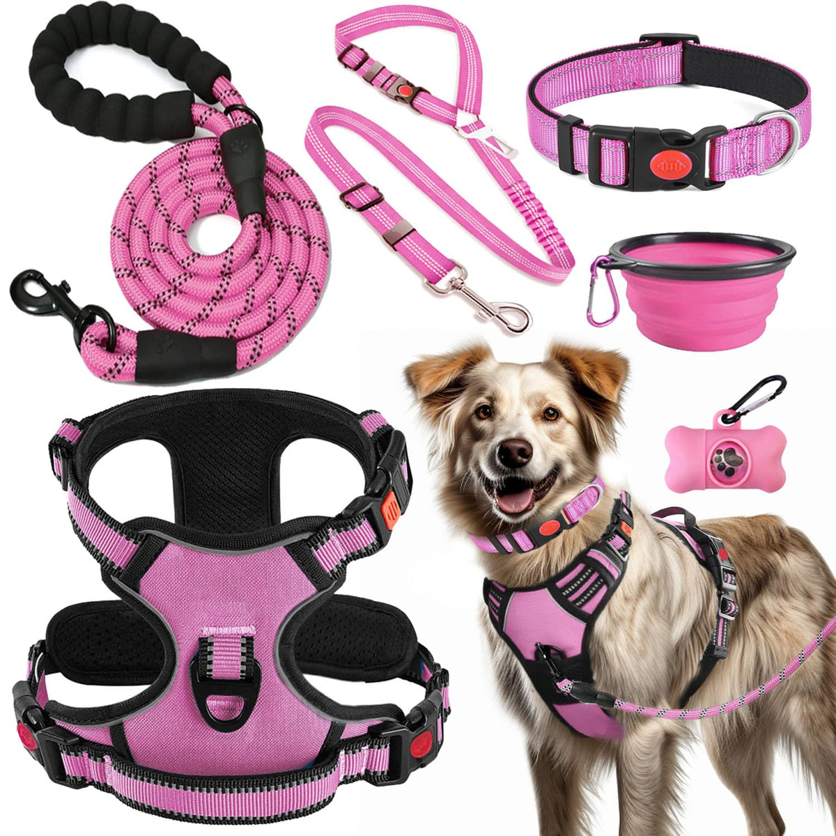 Lobeve No Pull Dog Harness, Collar & Leash Set with Reflective Seat Belt, Portable Bowl, and Poop Bag Dispenser - Ideal for Training, Walking, Hiking - Fits Small to Large Dogs
