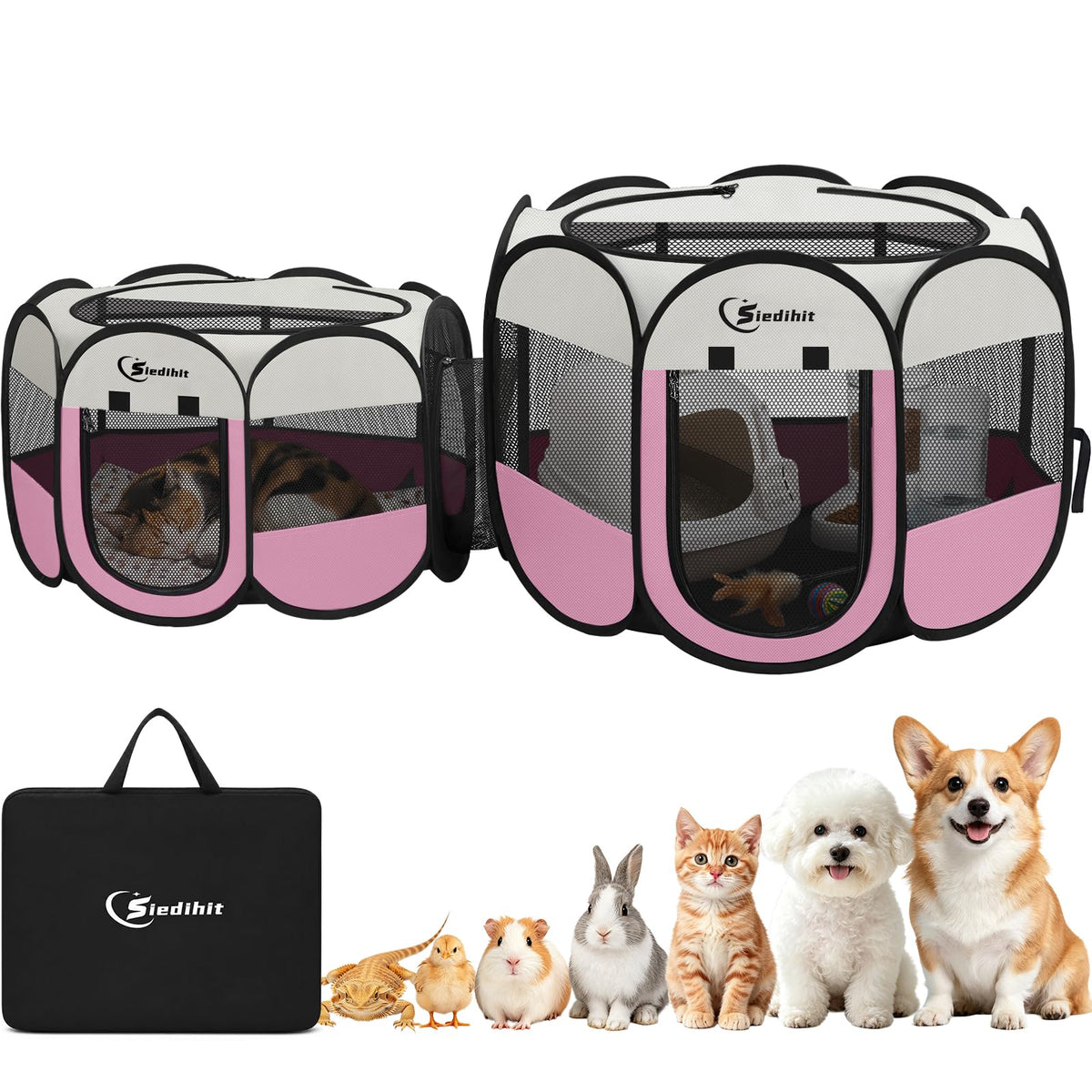 Pink Puppy Playpen for Middle Dog Cat, Dogs Tent Crate Cage Indoor/Outdoor, Portable Pop Up Dog Kennel with Carrying Bag for Rabbits, Removable Top
