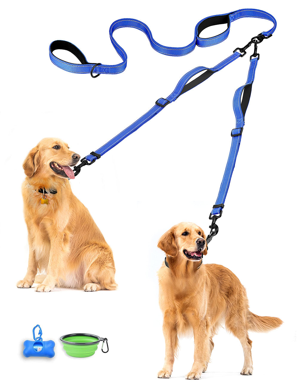 PetBonus Double Dog Leash, No Tangle Dual Leash, Reflective Walking Training Lead, 4 Comfortable Padded Handles for 2 Dogs with Collapsible Bowl and Waste Bags