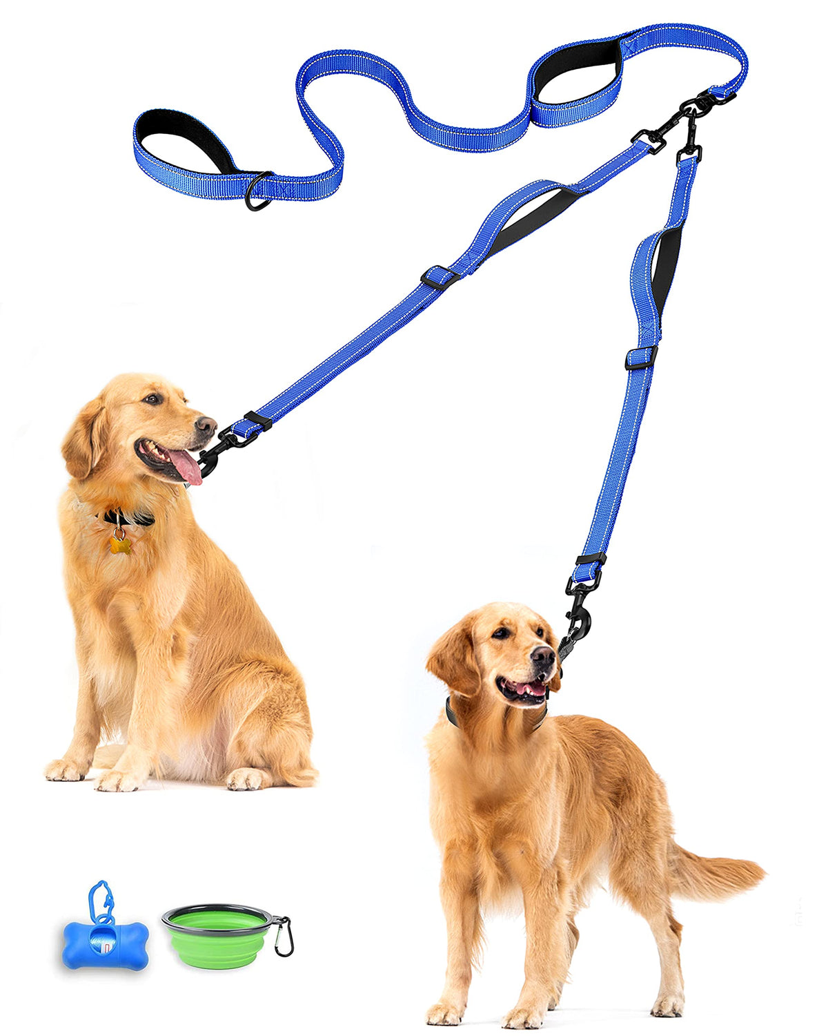 PetBonus Double Dog Leash, No Tangle Dual Leash, Reflective Walking Training Lead, 4 Comfortable Padded Handles for 2 Dogs with Collapsible Bowl and Waste Bags