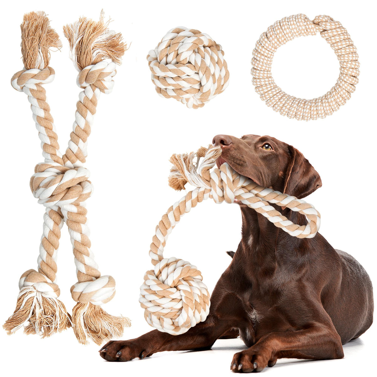 Fida Dog Rope Toys for Medium/Large Aggressive Chewers, Tough Indestructible Natural Cotton Rope, 3 Feet 5 Knots Tug of War Teeth Cleaning