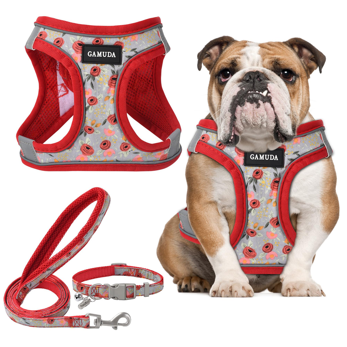 GAMUDA Small Pet Harness Collar and Leash Set, Step in No Chock No Pull Soft Mesh Adjustable Dog Vest Harnesses Plaid Reflective for Dogs Puppy Cats Kitten Rabbit