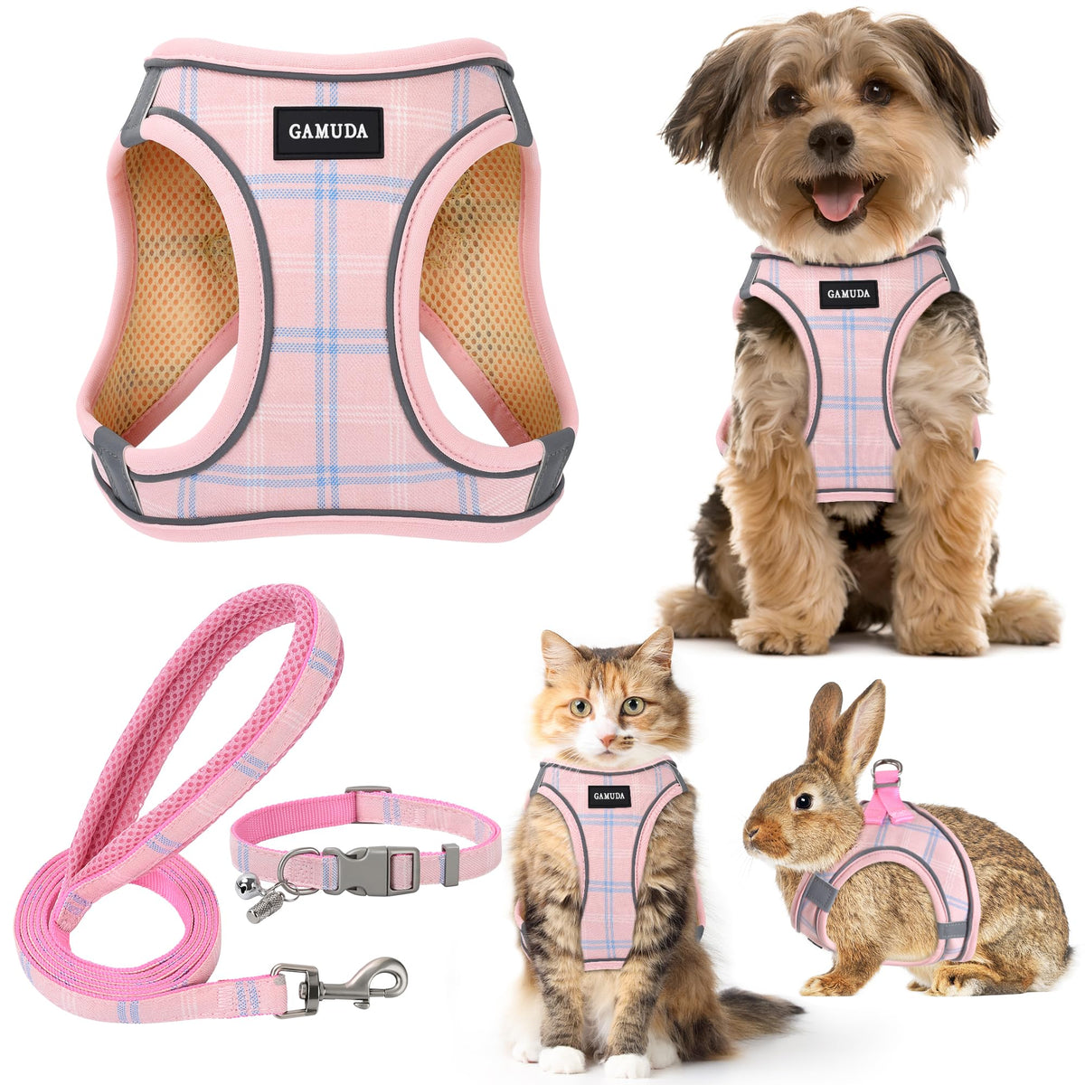 GAMUDA Small Pet Harness Collar and Leash Set, Step in No Chock No Pull Soft Mesh Adjustable Dog Vest Harnesses Plaid Reflective for Dogs Puppy Cats Kitten Rabbit