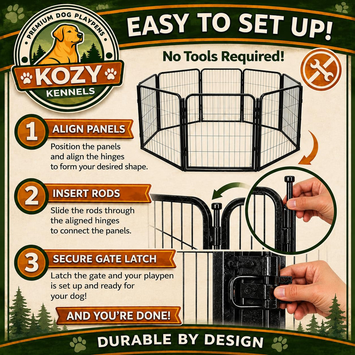 Kozy Kennels Dog Playpen w/Carrying Case for Indoor or Outdoor Use – 24 Inch, 8 Black Panels - Portable Metal Exercise Pen for Small Dogs & Puppies - Pet Fence Kennel Crate for House, RV, or Travel