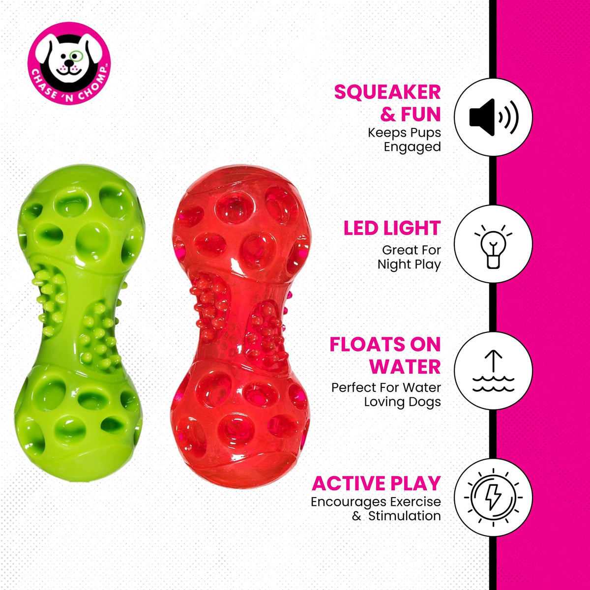 Chase 'n Chomp Squeak and Light Up Ball and Dumbbell Dog Toy, Mental & Physical Stimulation