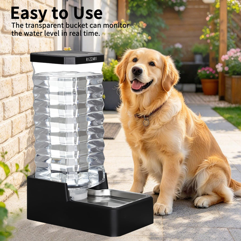 RIZZARI Stainless Steel Pet Water Feeder: Automatic Leak-Proof Gravity Dispenser for Cats Dogs Indoor Outdoor Use