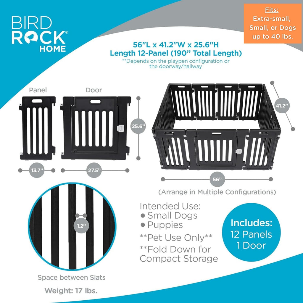 BIRDROCK HOME Dog Playpen w/Door, 12 Panel, 25.6in H | Strong Plastic, Non-Slip Puppy Playpen, Secure Pet Gate | Indoor Outdoor Fence | Configurable Panels | Small to Medium Pets